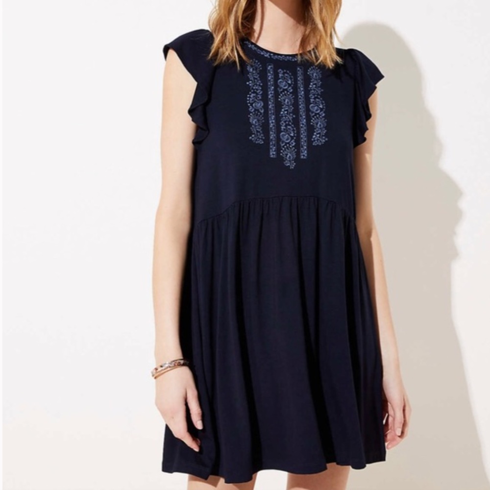 LOFT Floral Embroidered Tie Back Swing Dress